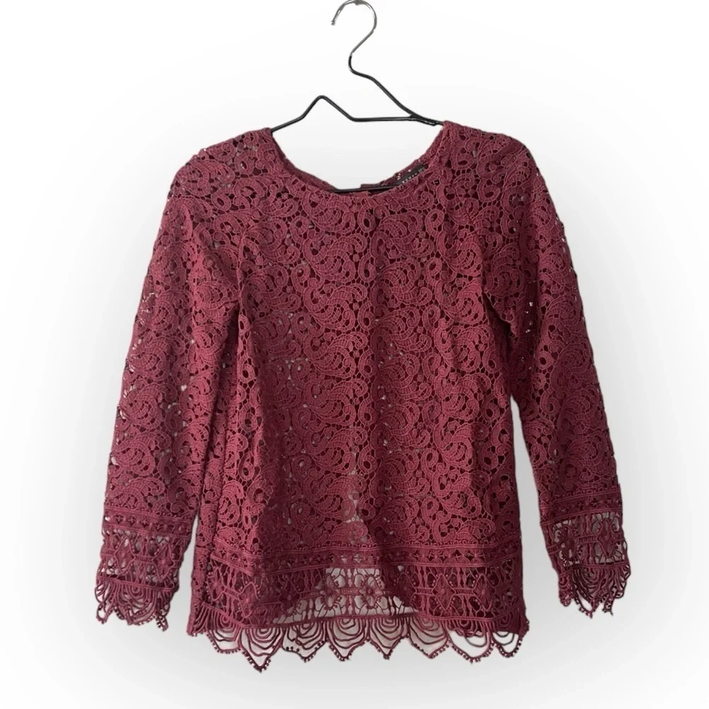 Zara Crochet Lace Eyelet Blouse See Through Maroon Top Women’s Size XS